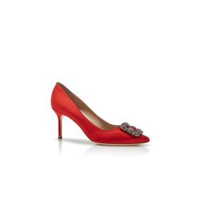 HANGISI 70 | Red Satin Jewel Buckle Pumps | Manolo Blahnik