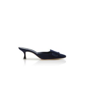 MAYSALE | Navy Blue Suede Kitten Heel Mules | Manolo Blahnik