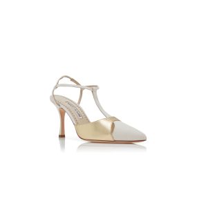 TURGIMODHI | Cream and Gold Cotton T-Bar Pumps | Manolo Blahnik