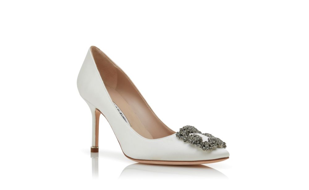 NADIRA | White Satin Jewel Buckle Pumps | Manolo Blahnik