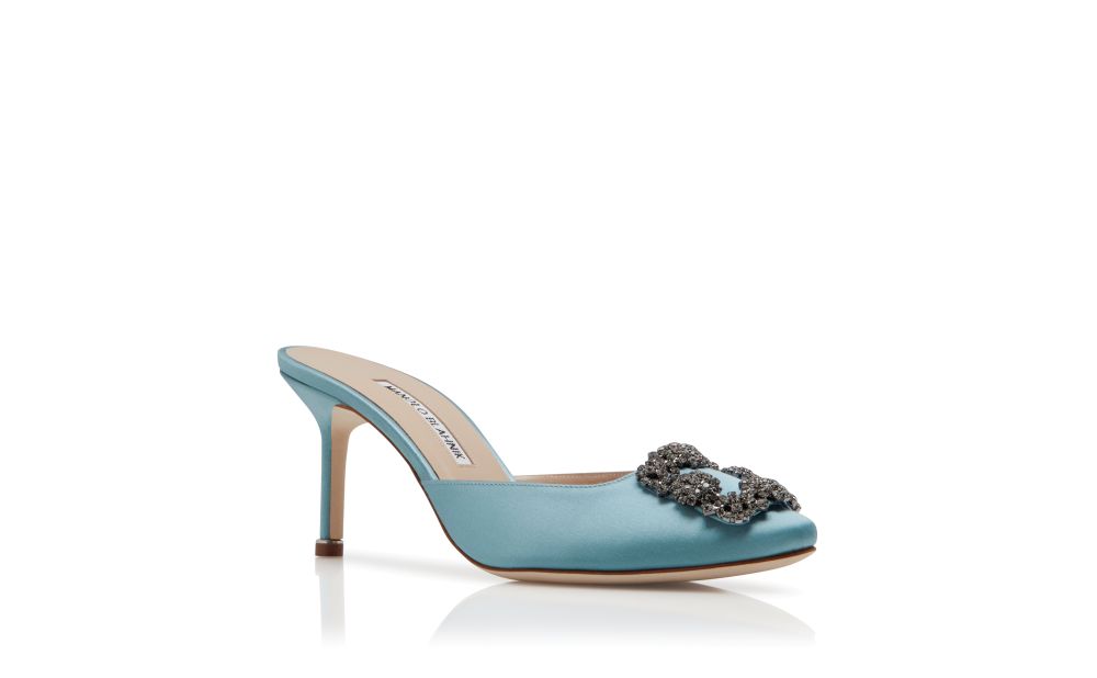 HANGISI 70 | Dark Blue Satin Jewel Buckle Pumps | Manolo Blahnik