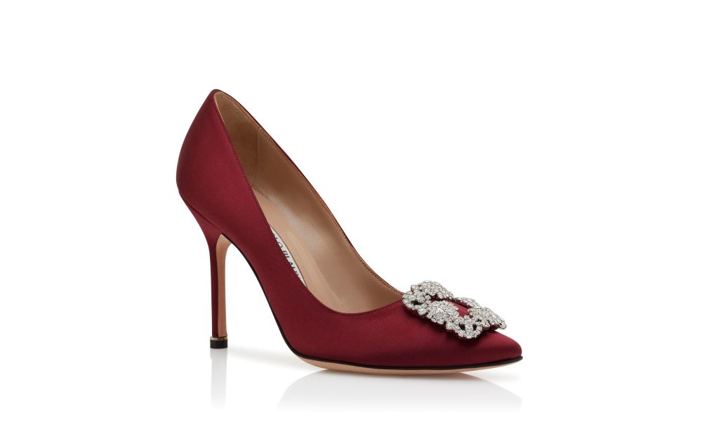 HANGISIMU | Red Satin Jewel Buckle Mules | Manolo Blahnik