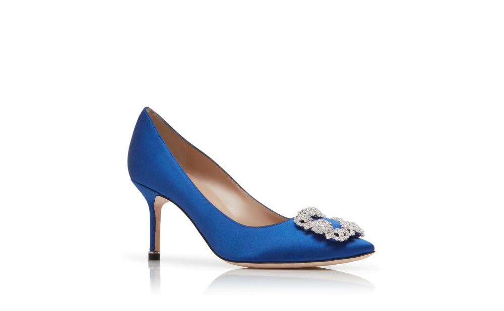 HANGISIFLAT | Blue Satin Jewel Buckle Flat Shoes | Manolo Blahnik