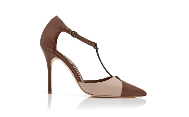 Side view of Assala, Brown and Beige Nappa Leather Ankle Strap Pumps - US$1,085.00