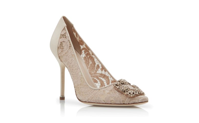 Hangisi lace, Pink Champagne Lace Jewel Buckle Pumps - CA$1,655.00