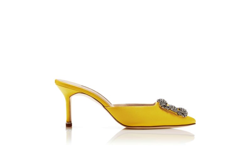 Side view of Hangisimu, Yellow Satin Jewel Buckle Mules - €1,050.00