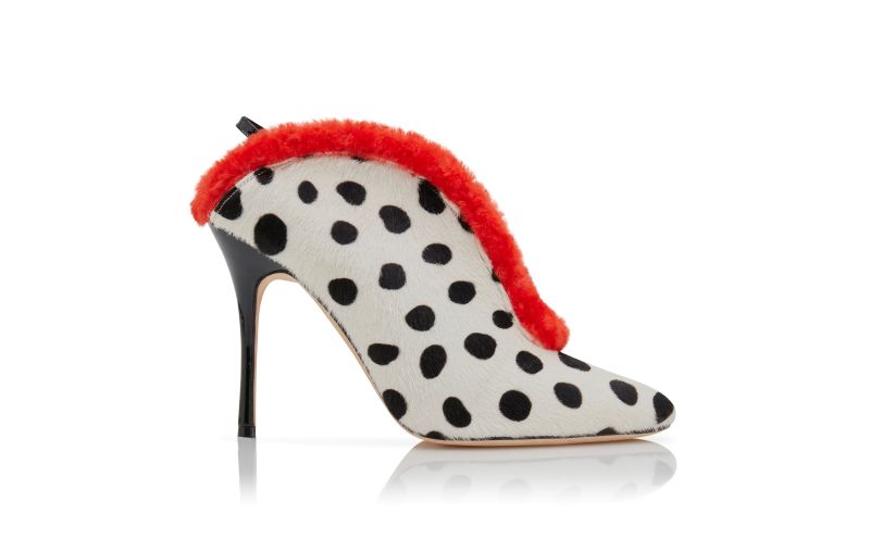 Side view of Agasia, White, Black and Orange Calf Hair Shoe Booties - AU$1,935.00