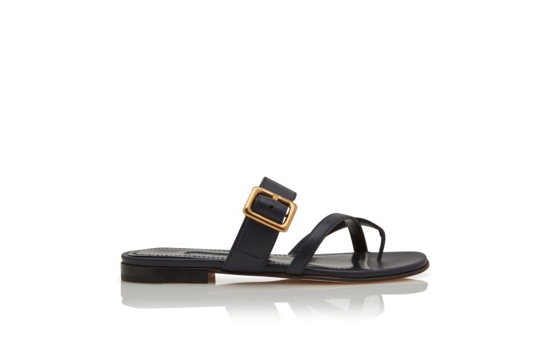 Side view of Thalusa, Navy Blue Nappa Leather Flat Sandals - AU$1,395.00