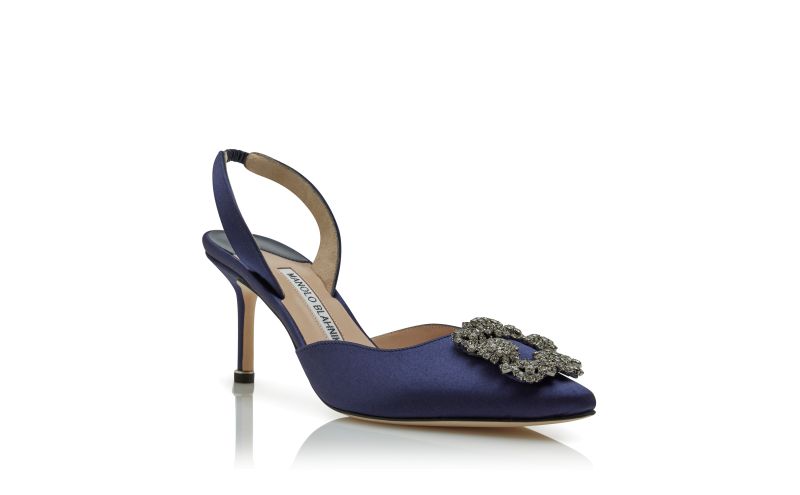 Hangisli, Navy Blue Satin Jewel Buckle Slingback Pumps - US$1,295.00