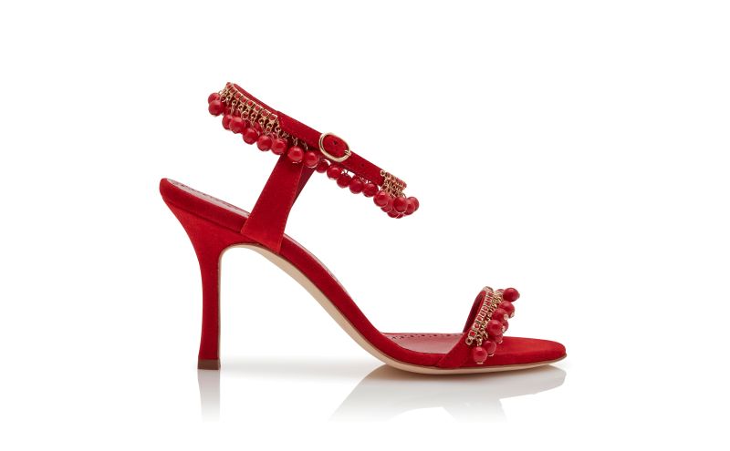 Side view of Ravellanu, Red Suede Jewel Embellished Sandals  - €1,495.00