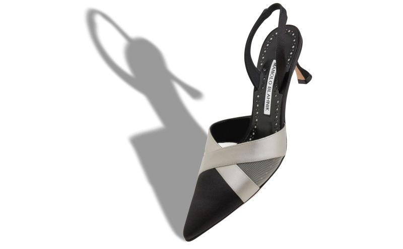 Oyounasli, Black and Grey Satin Crossover Slingback Pumps - US$965.00