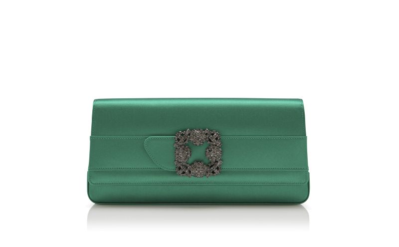 Side view of Gothisi, Bright Green Satin Jewel Buckle Clutch - AU$2,535.00