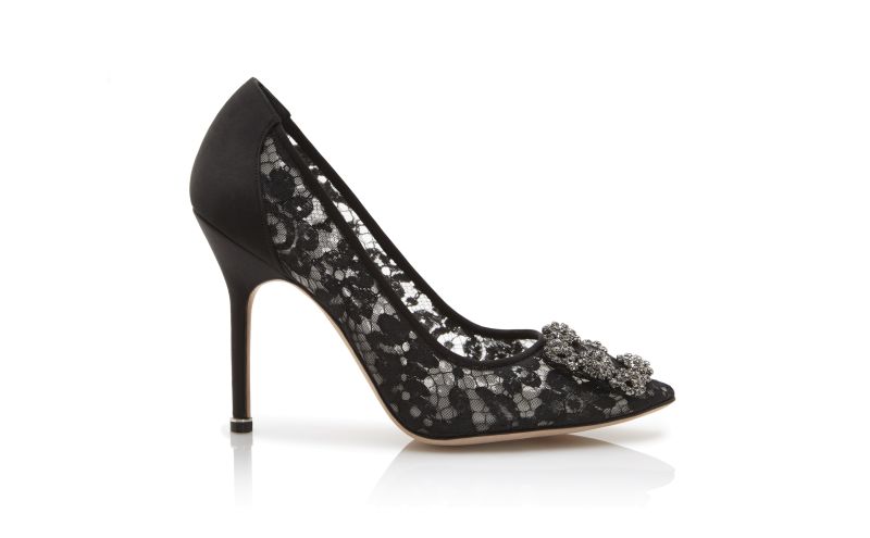 Side view of Hangisi lace, Black Lace Jewel Buckle Pumps - US$1,275.00