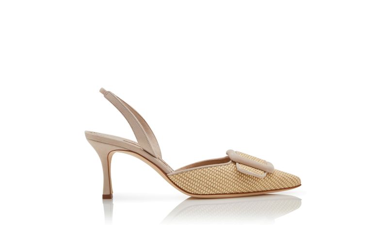 Side view of Mayslibi, Beige Raffia Buckle Detail Slingback Pumps - £765.00