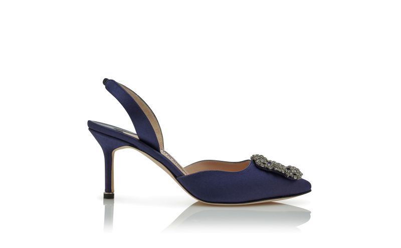 Side view of Hangisli, Navy Blue Satin Jewel Buckle Slingback Pumps - £1,035.00