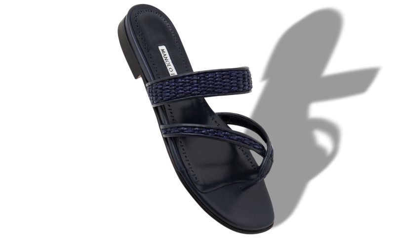 Susara, Navy Blue Raffia Flat Sandals - US$775.00 