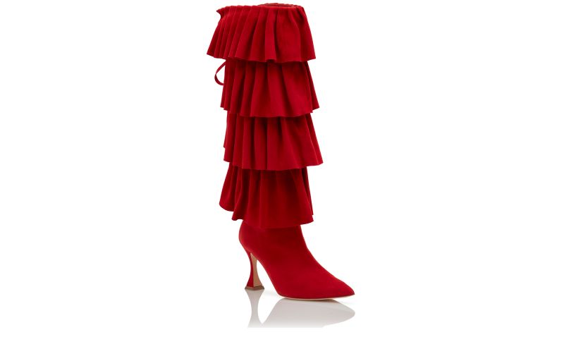 Miralone, Red Suede Ruffled Knee High Boots - AU$4,465.00