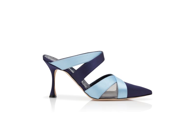 Side view of Oyounak, Blue Satin Crossover Mules - £795.00