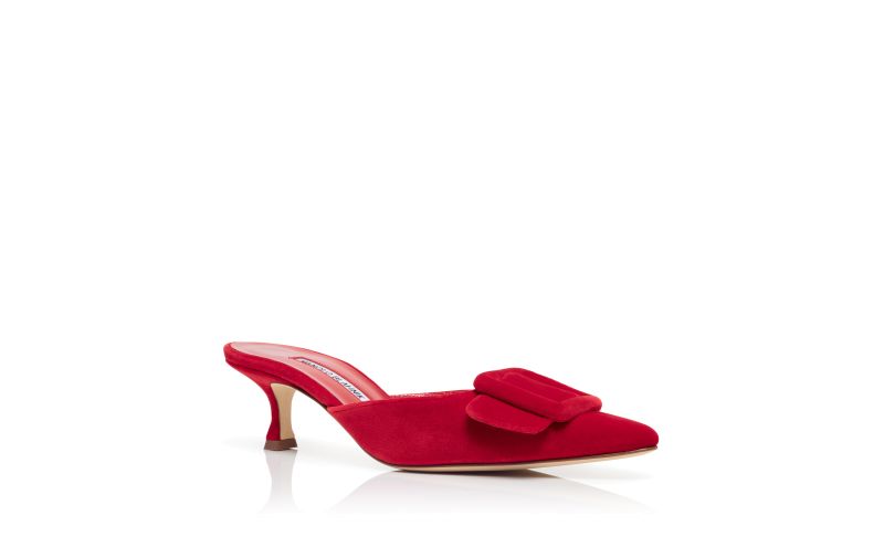 Maysale, Red Velvet Buckle Detail Mules - US$398.00