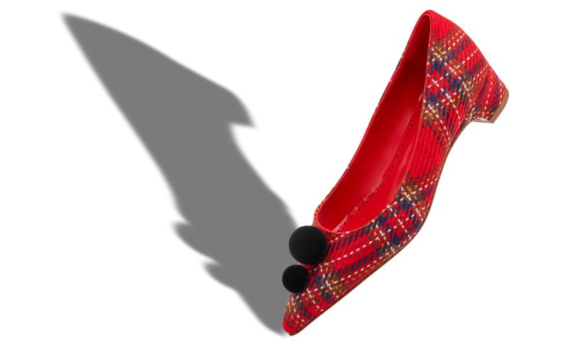 Pieraba, Red Wool Tartan Pom Pom Detail Pumps - US$448.00