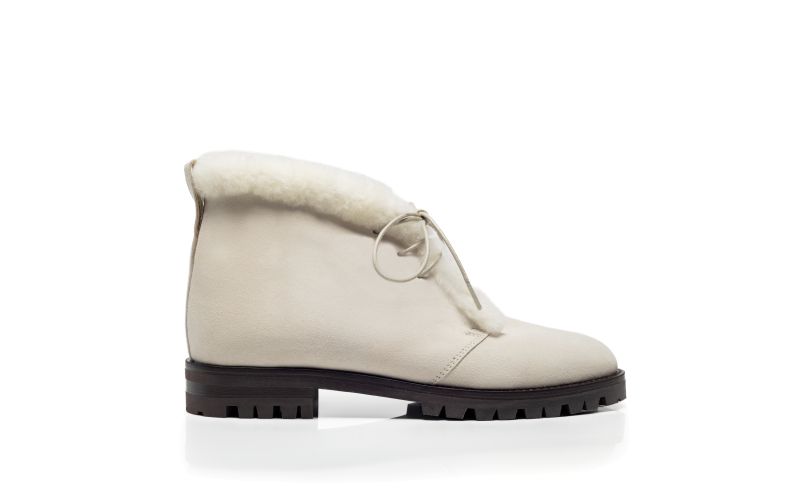 Side view of Mircus, Light Beige Suede Shearling Ankle Boots - US$598.00