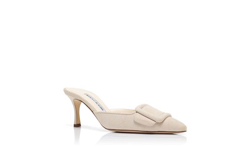 Maysale 70, Light Cream Suede Buckle Detail Mules - US$795.00