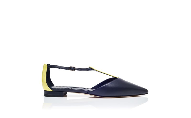 Side view of Akino, Navy Blue and Yellow Nappa Leather Flat Pumps - £765.00