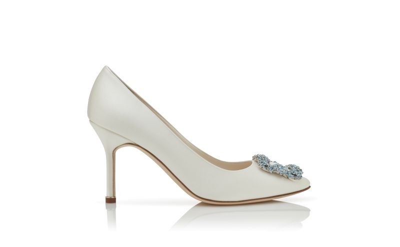 Side view of Hangisi bridal 90, White Satin Jewel Buckle Pumps - AU$1,985.00
