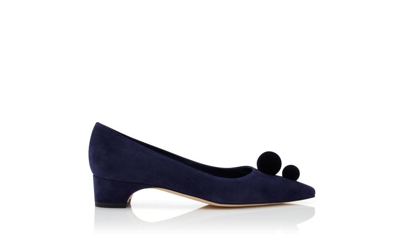 Side view of Pieraba, Navy Blue Suede Pom Pom Detail Pumps - £725.00