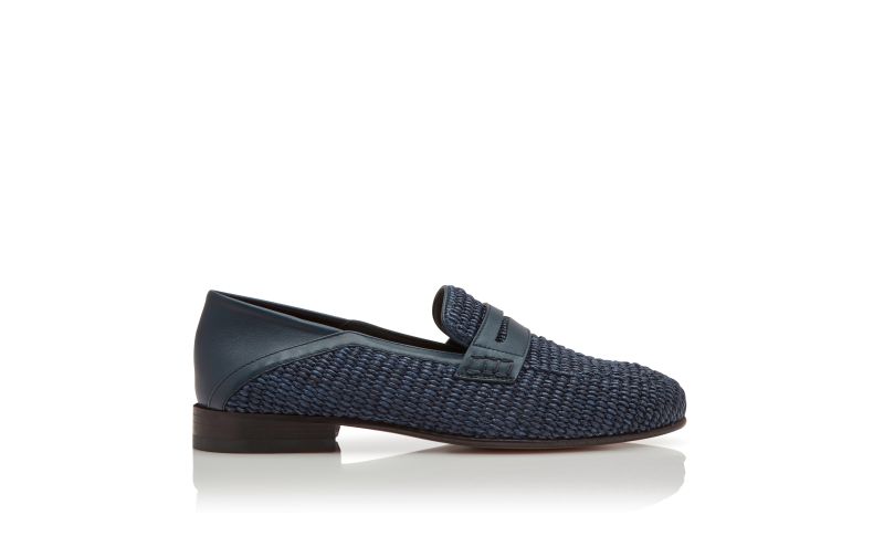 Side view of Padstow, Navy Blue Raffia Penny Loafers - US$895.00