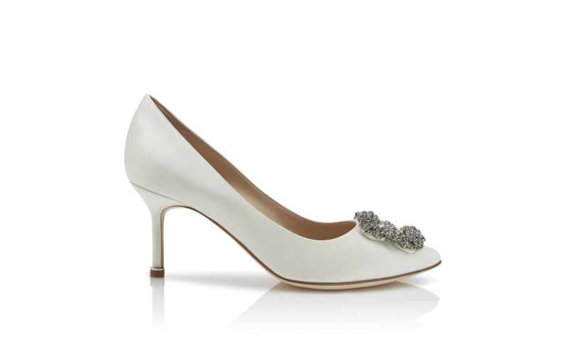 Side view of Hangisi 70, White Satin Jewel Buckle Pumps - AU$1,945.00