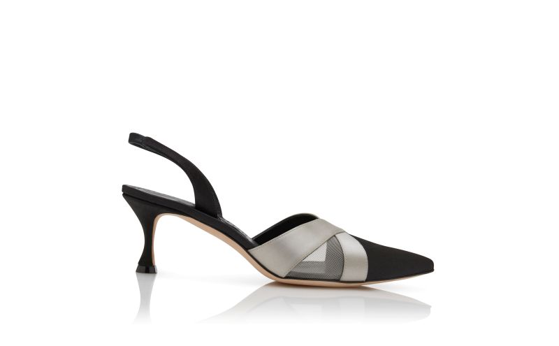 Side view of Oyounasli, Black and Grey Satin Crossover Slingback Pumps - US$965.00