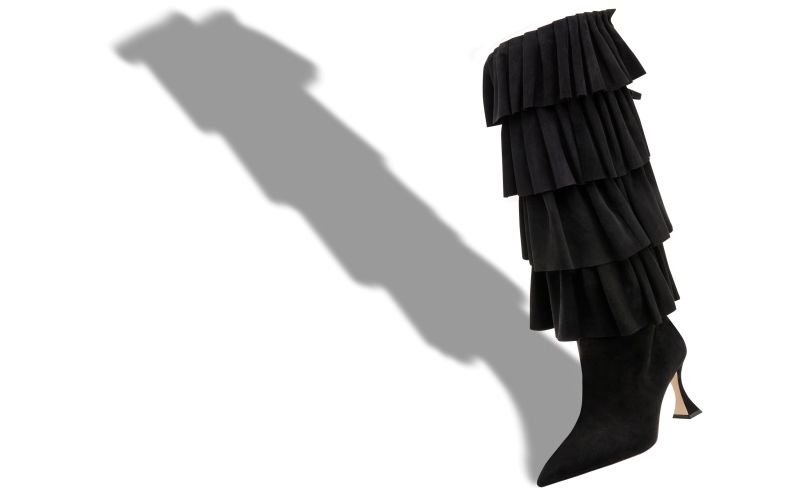 Miralone, Black Suede Ruffled Knee High Boots - CA$3,495.00