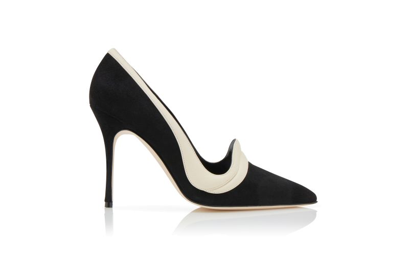 Side view of Ajarafa 105, Black and Cream Suede Pointed Toe Pumps  - £373.00