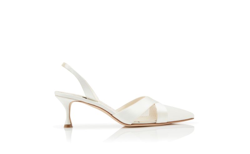 Side view of Oyounasli, Light Cream Satin Crossover Slingback Pumps - US$965.00