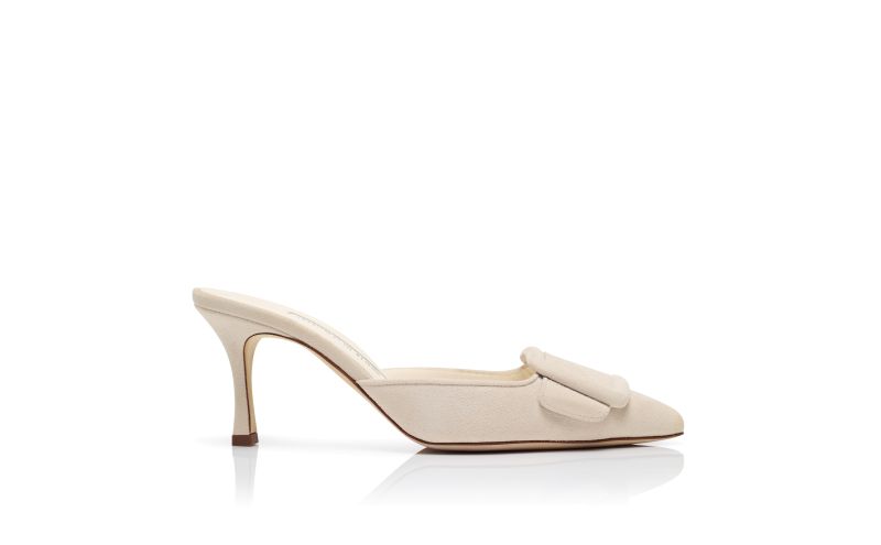 Side view of Maysale 70, Light Cream Suede Buckle Detail Mules - US$795.00