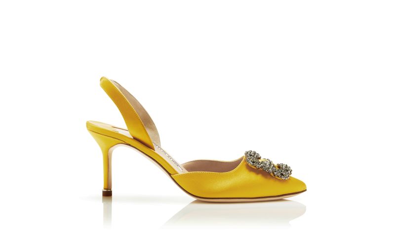 Side view of Hangisli, Yellow Satin Jewel Buckle Slingback Pumps - €1,145.00