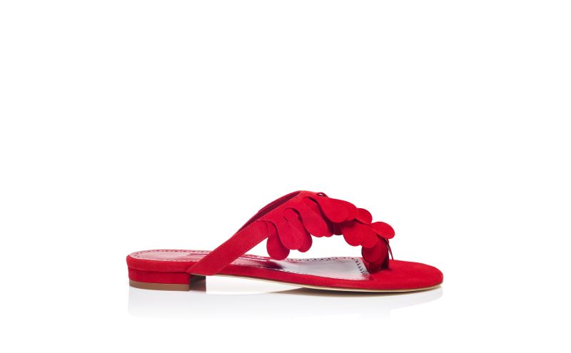 Side view of Tamako, Red Suede Strappy Sandals - US$895.00