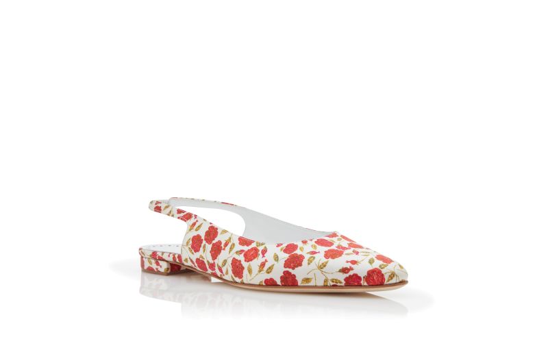 Sawra, White and Red Satin Slingback Flat Pumps  - US$388.00