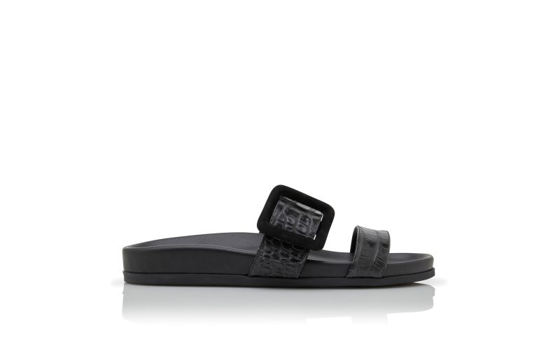 Side view of Mayfu, Black Calf Leather Buckle Detail Flat Mules - £323.00