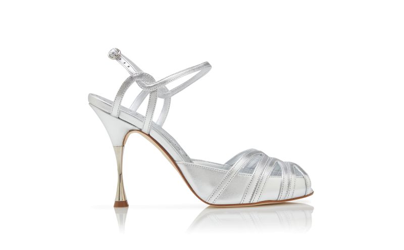 Side view of Makanak, Silver Nappa Leather Ankle Strap Sandals  - US$1,195.00