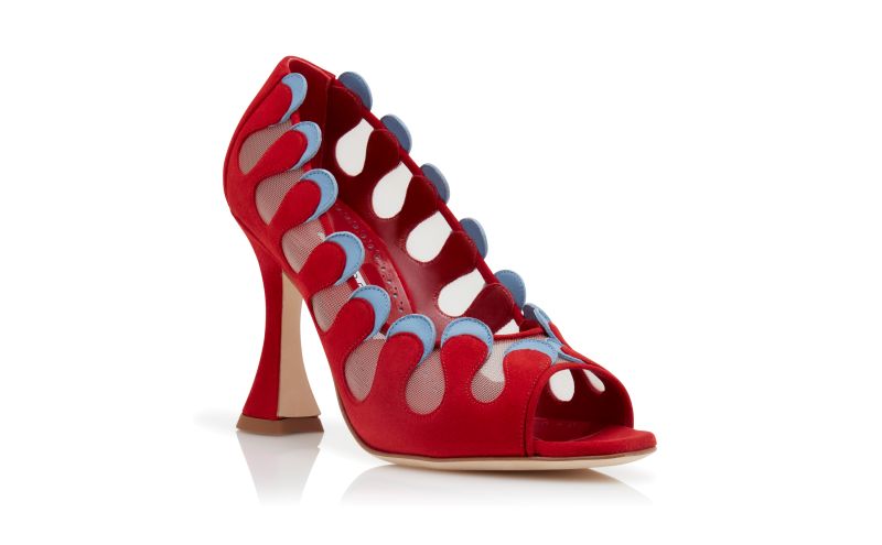 AZIZ, Red and Blue Suede Scalloped Pumps, 1095 EUR