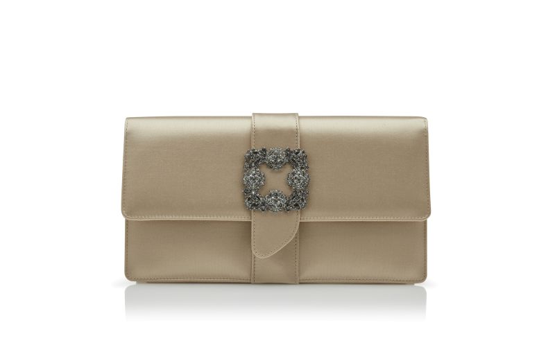 Side view of Capri, Light Beige Satin Jewel Buckle Clutch - €1,645.00