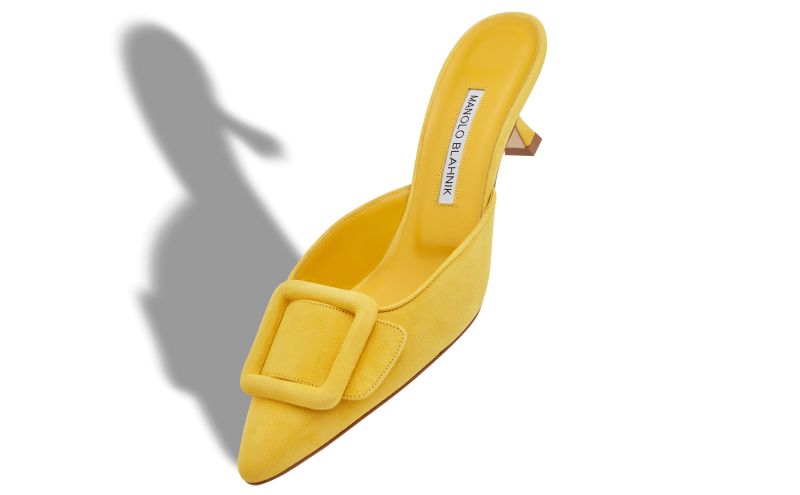 Maysale, Yellow Suede Buckle Mules - US$875.00