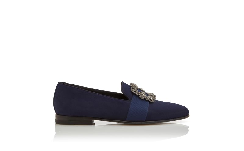 Side view of Carlton, Navy Blue Suede Jewel Buckle Loafers - CA$1,815.00