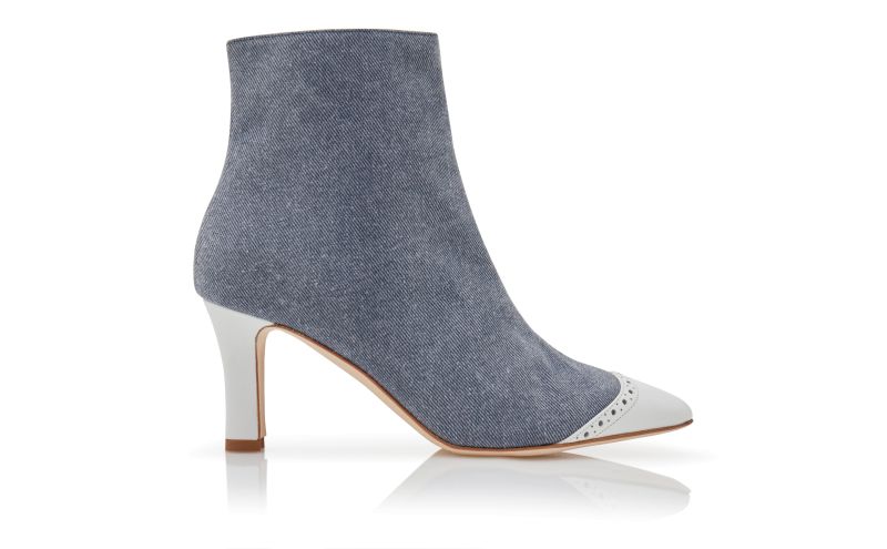 Side view of Botagatha, Blue and White Denim Ankle Boots - US$473.00