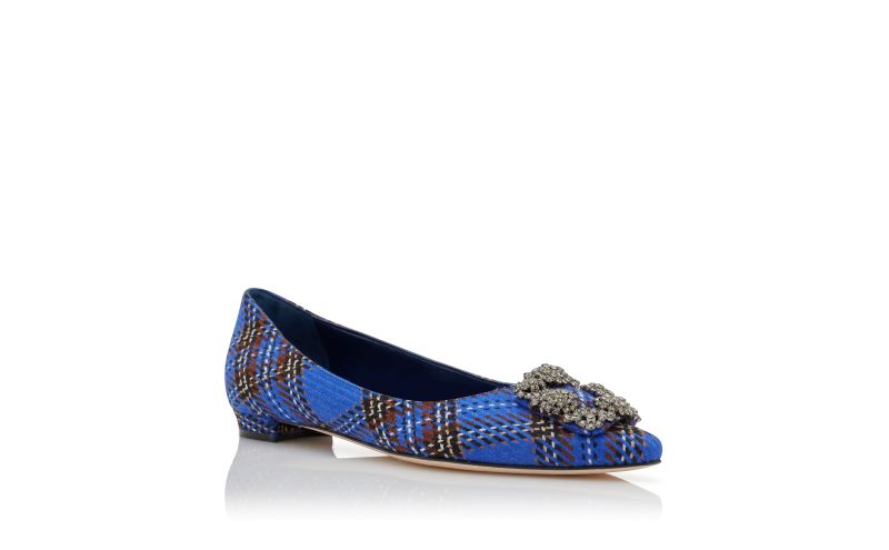 Hangisiflat, Blue Wool Tartan Jewel Buckle Flat Pumps - £438.00