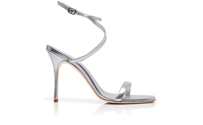 Side view of Strania, Silver Nappa Leather Ankle Strap Sandals  - US$745.00