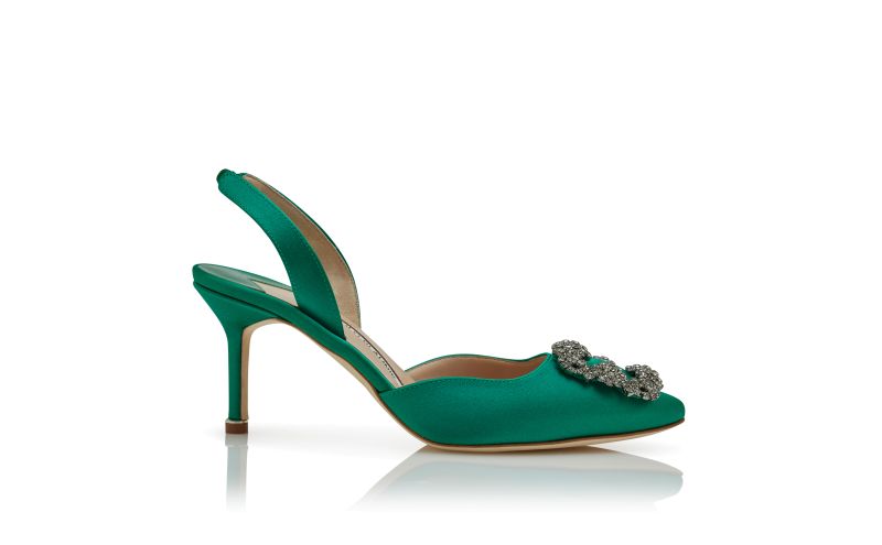 Side view of Hangisli, Green Satin Jewel Buckle Slingback Pumps - €1,145.00