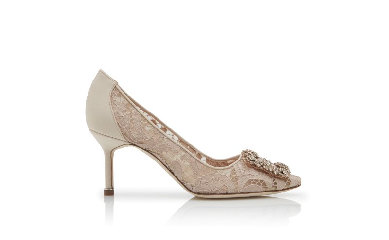 Side view of Hangisi lace 70, Beige Lace Jewel Buckle Pumps - US$1,395.00